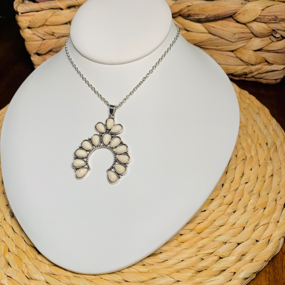 White Cabochon Squash Blossom Style Pendant Necklace